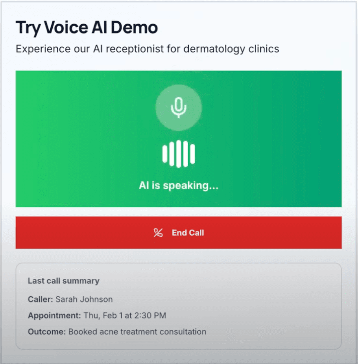 Alan's Dermatology Voice AI System screenshot 1